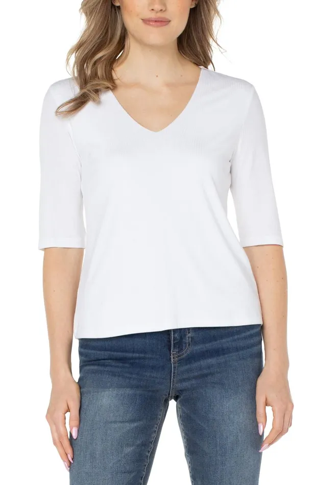 Liverpool Los Angeles Tees DOUBLE LAYER VNECK RIB KNIT TOP Cream 8211 Womens