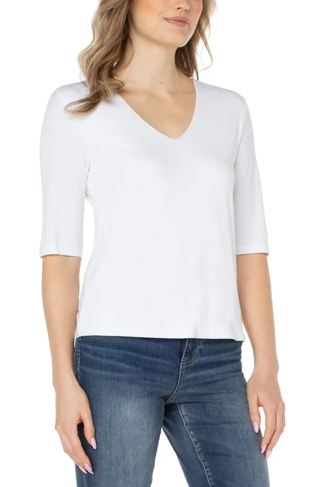 Liverpool Los Angeles Tees DOUBLE LAYER VNECK RIB KNIT TOP Cream 8211 Womens