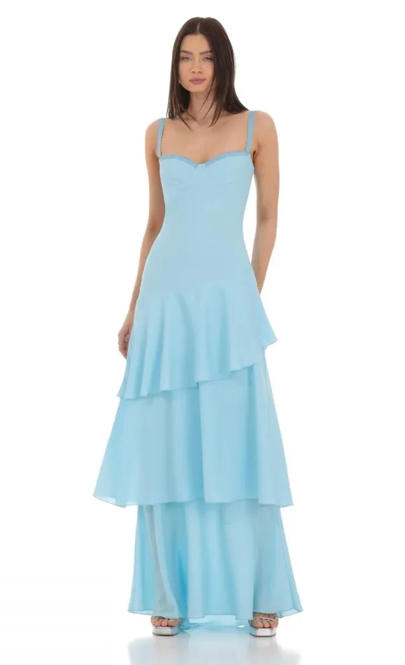 Long Ruffle Maxi Dress Light Blue Women LUCY IN THE SKY Maxi Dresses