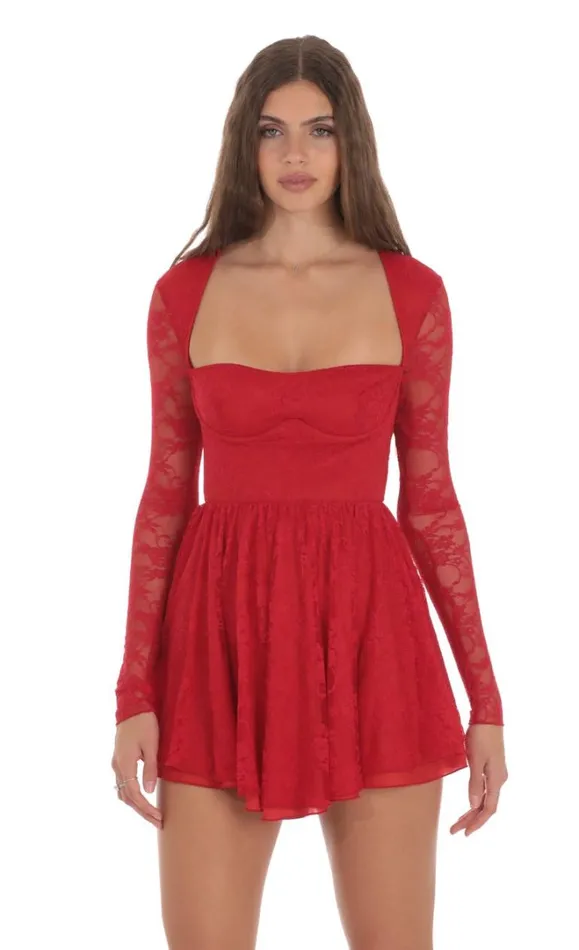 Long Sleeve Lace Aline Dress Red Women LUCY IN THE SKY Mini Dresses