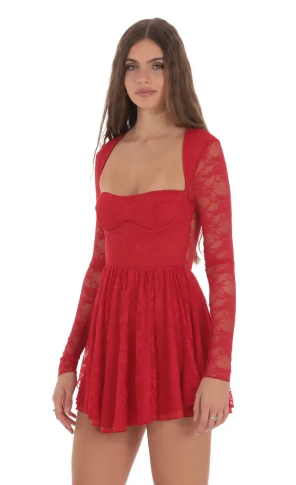 Long Sleeve Lace Aline Dress Red Women LUCY IN THE SKY Mini Dresses Long Sleeve Lace Aline Dress Red Women LUCY IN THE SKY Mini Dresses