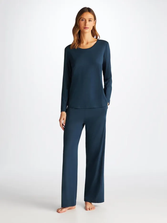 Long Sleeve TShirts Women Derek Rose Long Sleeve TShirt Lara Micro Modal Stretch Navy
