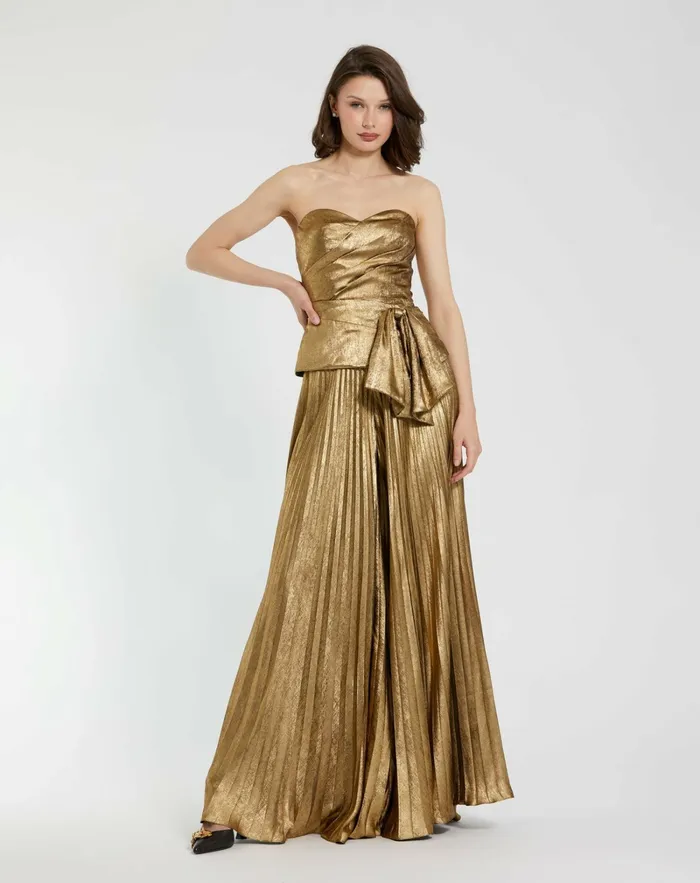 Mac Duggal Blouses and Tops Women Metallic Lam Strapless Wrap Top With Bow Detail Gold