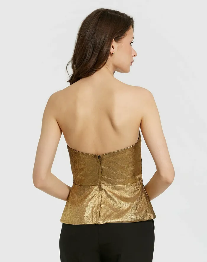 Mac Duggal Blouses and Tops Women Metallic Lam Strapless Wrap Top With Bow Detail Gold