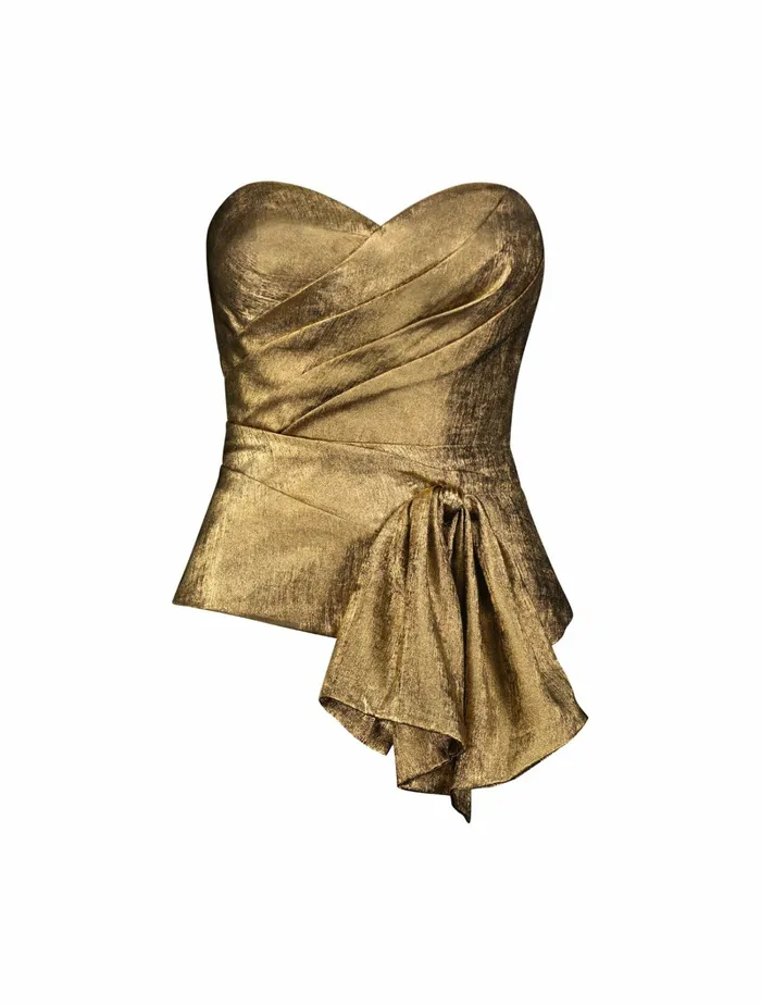 Mac Duggal Blouses and Tops Women Metallic Lam Strapless Wrap Top With Bow Detail Gold