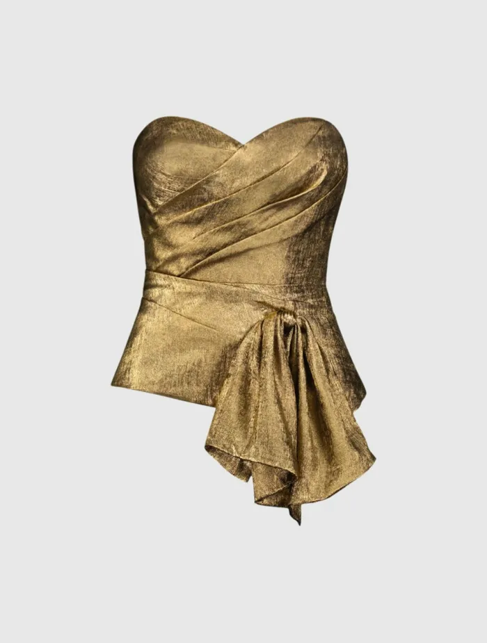 Mac Duggal Blouses and Tops Women Metallic Lam Strapless Wrap Top With Bow Detail Gold