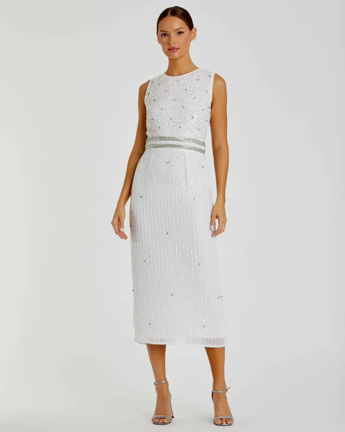 Mac Duggal Cocktail Dresses Women Sleeveless High Neck Beaded Midi Sheath Dress White