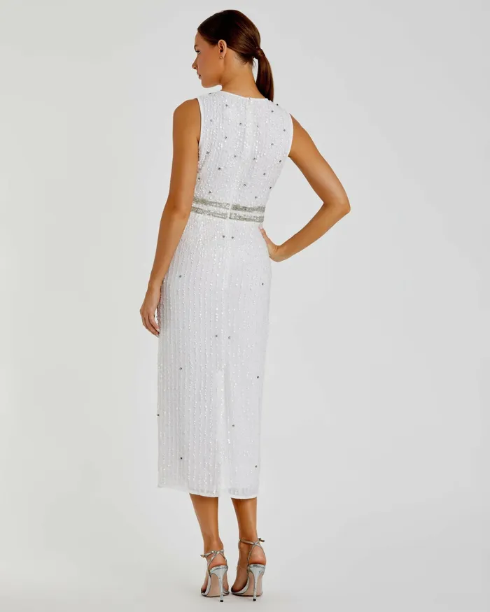 Mac Duggal Cocktail Dresses Women Sleeveless High Neck Beaded Midi Sheath Dress White