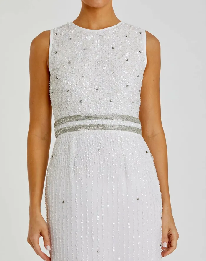 Mac Duggal Cocktail Dresses Women Sleeveless High Neck Beaded Midi Sheath Dress White