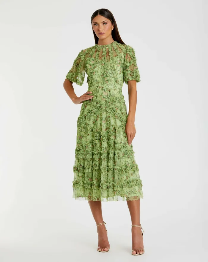 Mac Duggal Daytime Dresses Women Floral Flutter Sleeve Mesh Print Dress Sage Multi