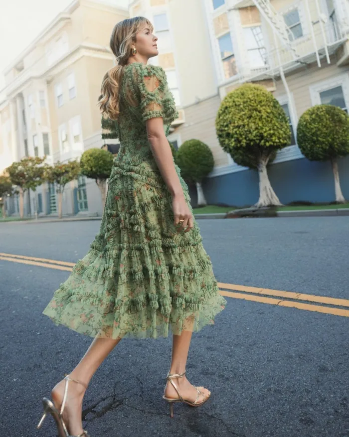 Mac Duggal Daytime Dresses Women Floral Flutter Sleeve Mesh Print Dress Sage Multi