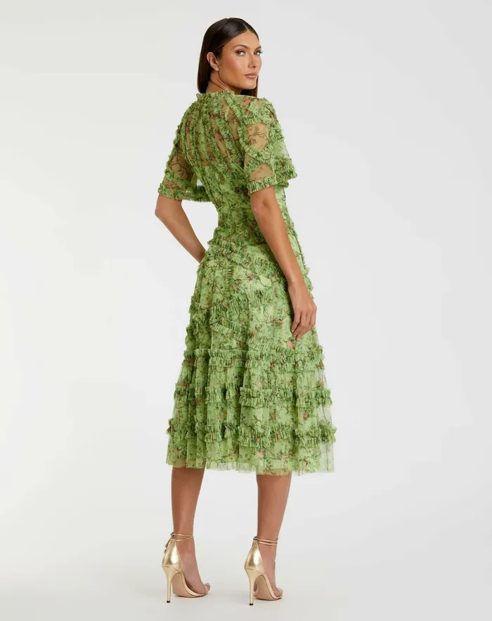 Mac Duggal Daytime Dresses Women Floral Flutter Sleeve Mesh Print Dress Sage Multi