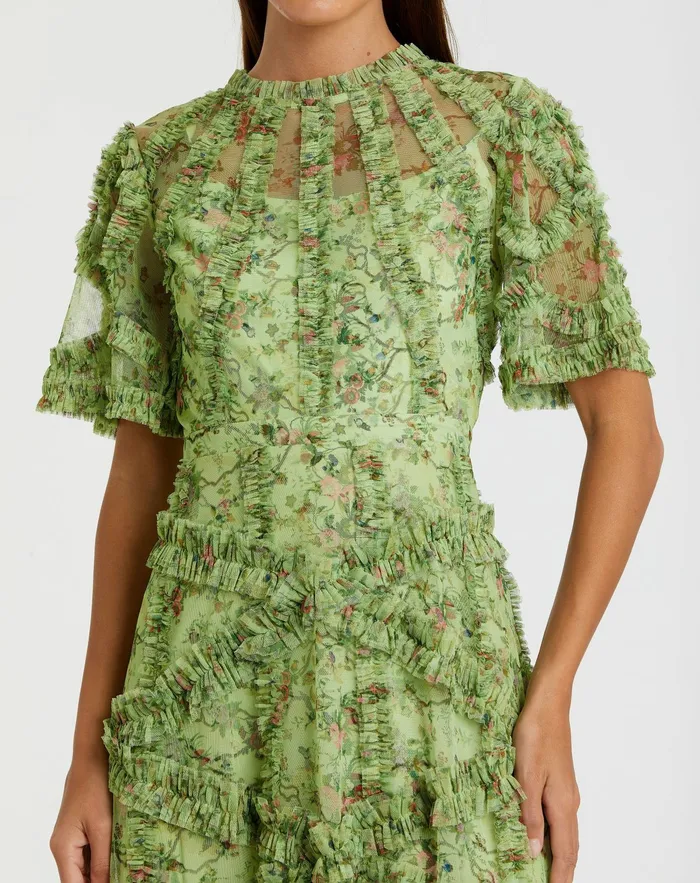 Mac Duggal Daytime Dresses Women Floral Flutter Sleeve Mesh Print Dress Sage Multi