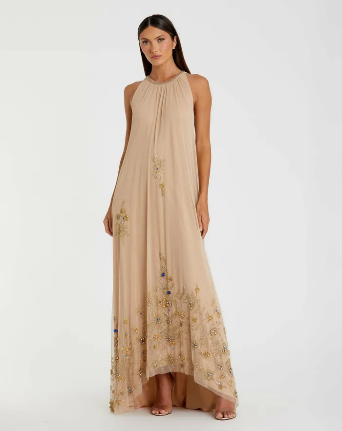 Mac Duggal Evening Gowns Women High Neck Floral Embellished Trapeze Dress Nude Gold