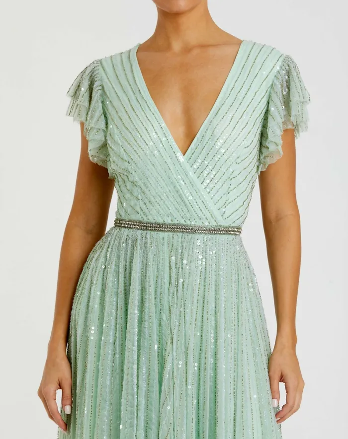 Mac Duggal Green Sequined Wrap Over Ruffled Cap Sleeve Gown Seamist Women Evening Gowns