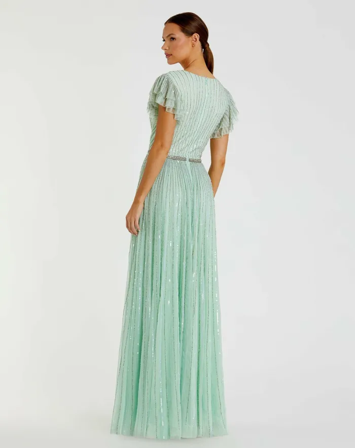 Mac Duggal Green Sequined Wrap Over Ruffled Cap Sleeve Gown Seamist Women Evening Gowns
