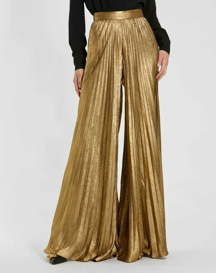 Mac Duggal Metallic Lam Pleated Wide Leg Pant Gold Women Pants