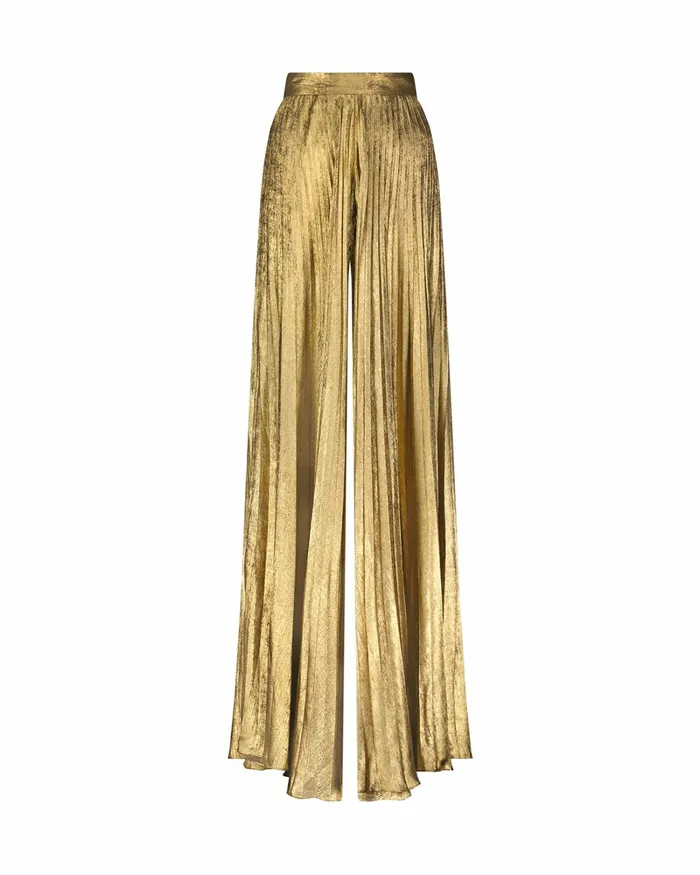 Mac Duggal Metallic Lam Pleated Wide Leg Pant Gold Women Pants