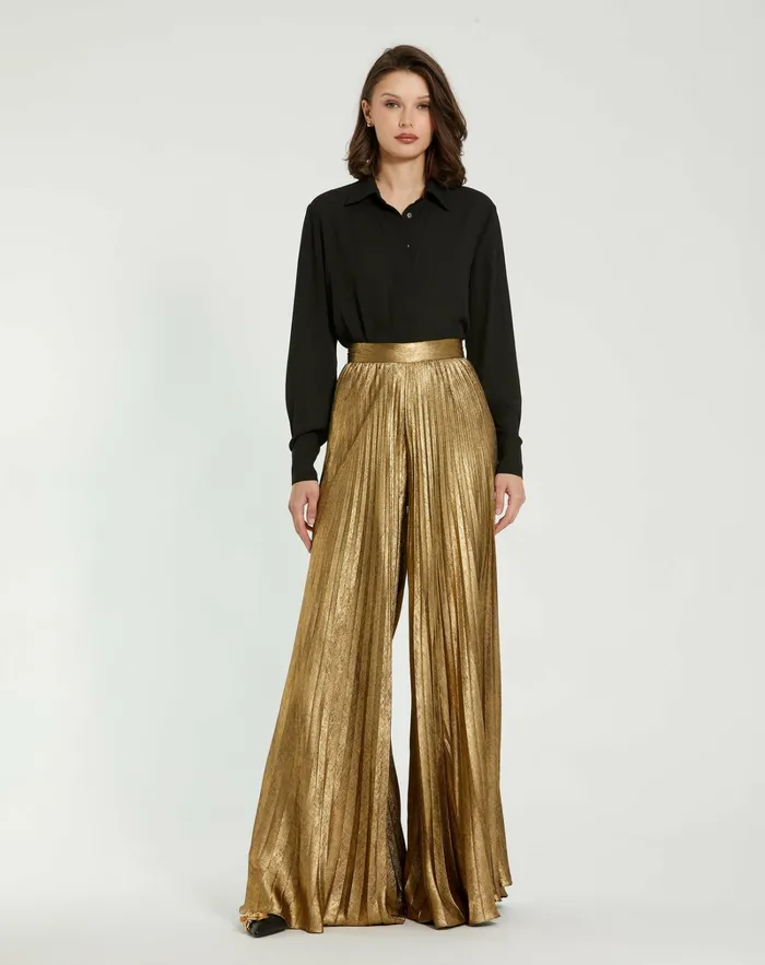 Mac Duggal Metallic Lam Pleated Wide Leg Pant Gold Women Pants