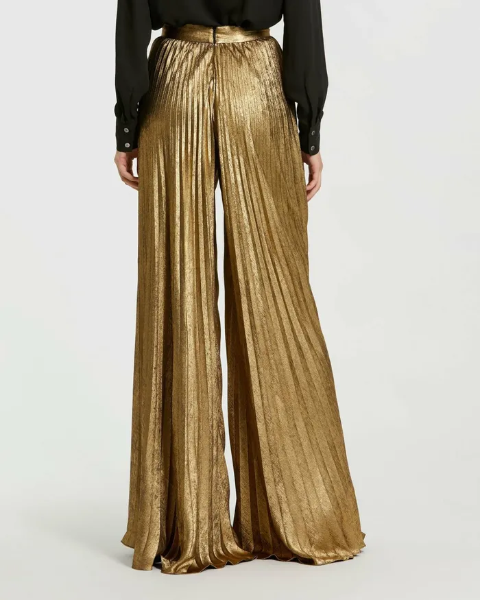 Mac Duggal Metallic Lam Pleated Wide Leg Pant Gold Women Pants