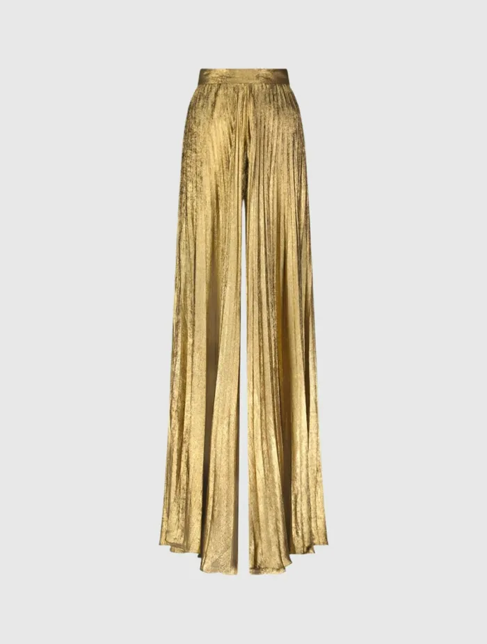 Mac Duggal Metallic Lam Pleated Wide Leg Pant Gold Women Pants
