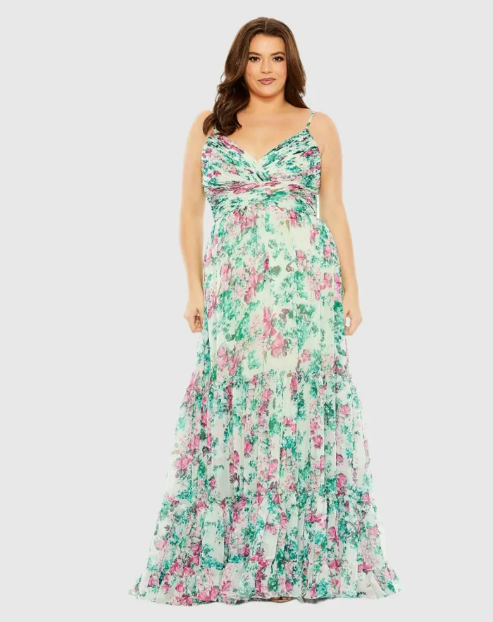 Mac Duggal Plus Size Dresses Women Floral Printed Tiered Ruched Gown Green Multi