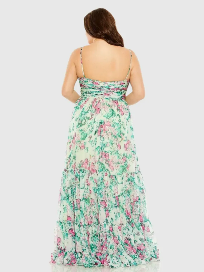Mac Duggal Plus Size Dresses Women Floral Printed Tiered Ruched Gown Green Multi