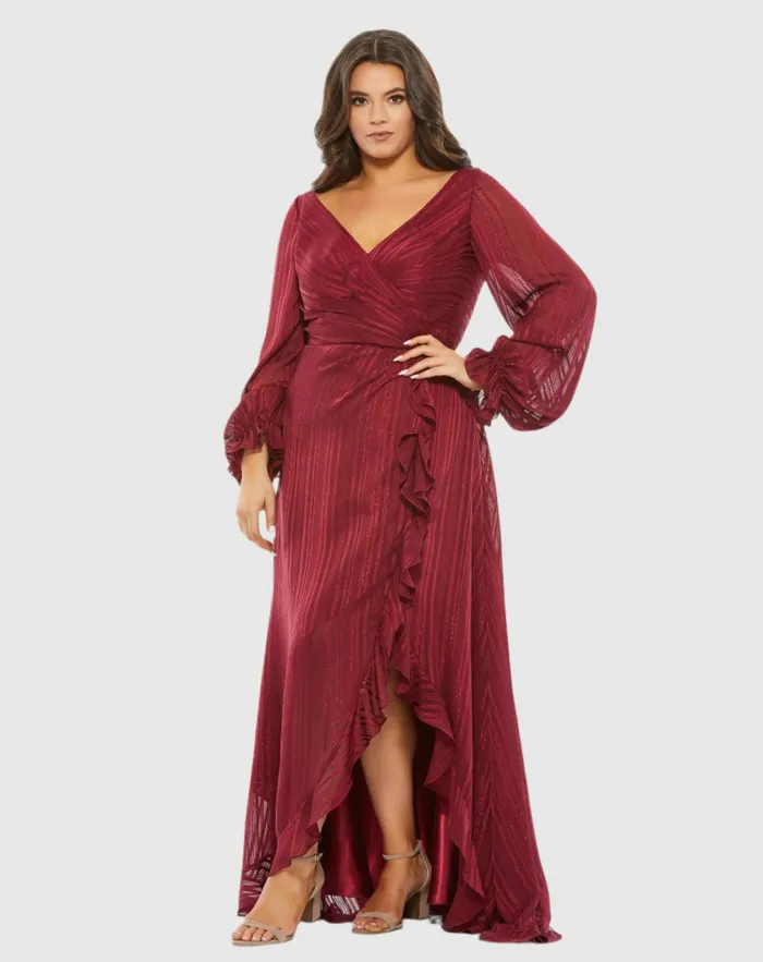 Mac Duggal Plus Size Dresses Women Striped Faux Wrap Bishop Sleeve Gown Burgundy