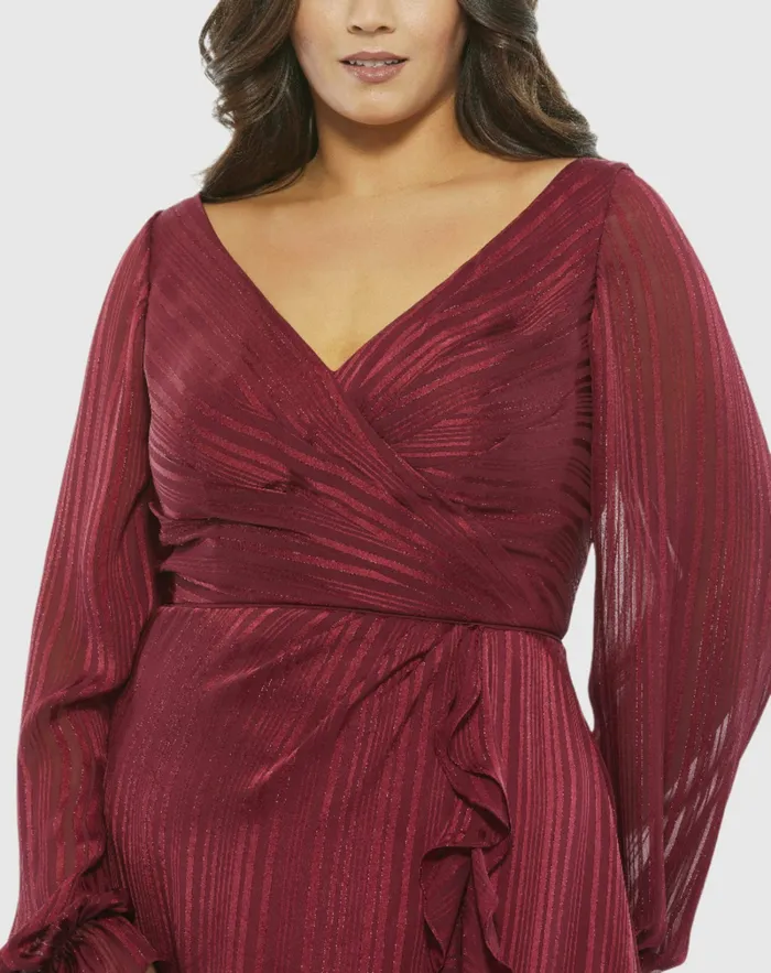 Mac Duggal Plus Size Dresses Women Striped Faux Wrap Bishop Sleeve Gown Burgundy