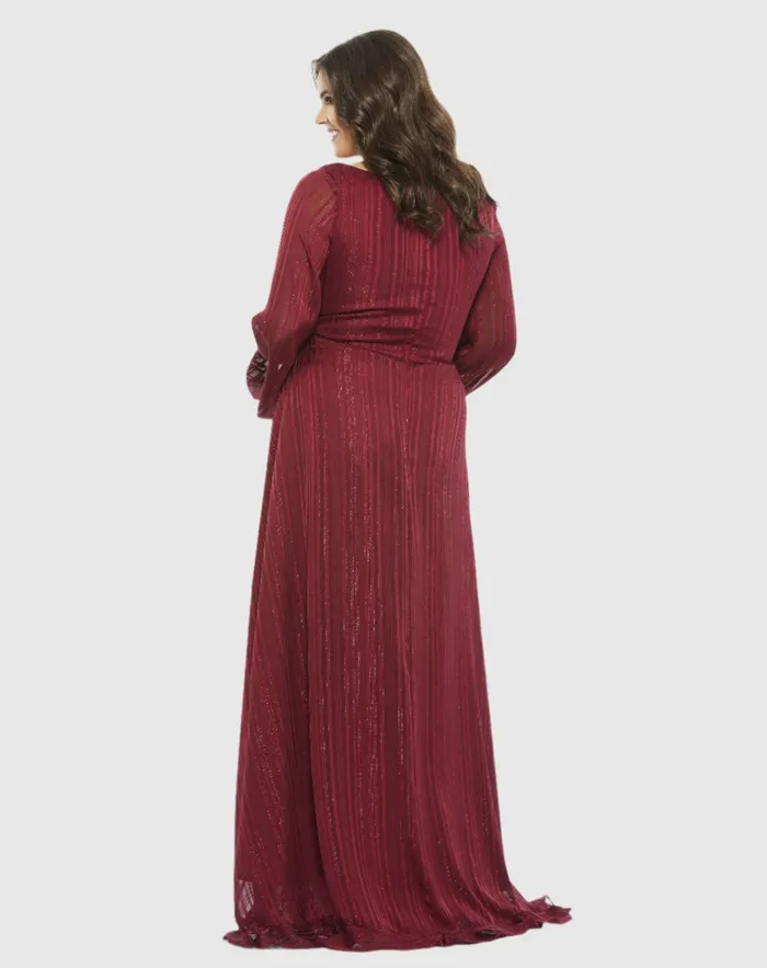 Mac Duggal Plus Size Dresses Women Striped Faux Wrap Bishop Sleeve Gown Burgundy