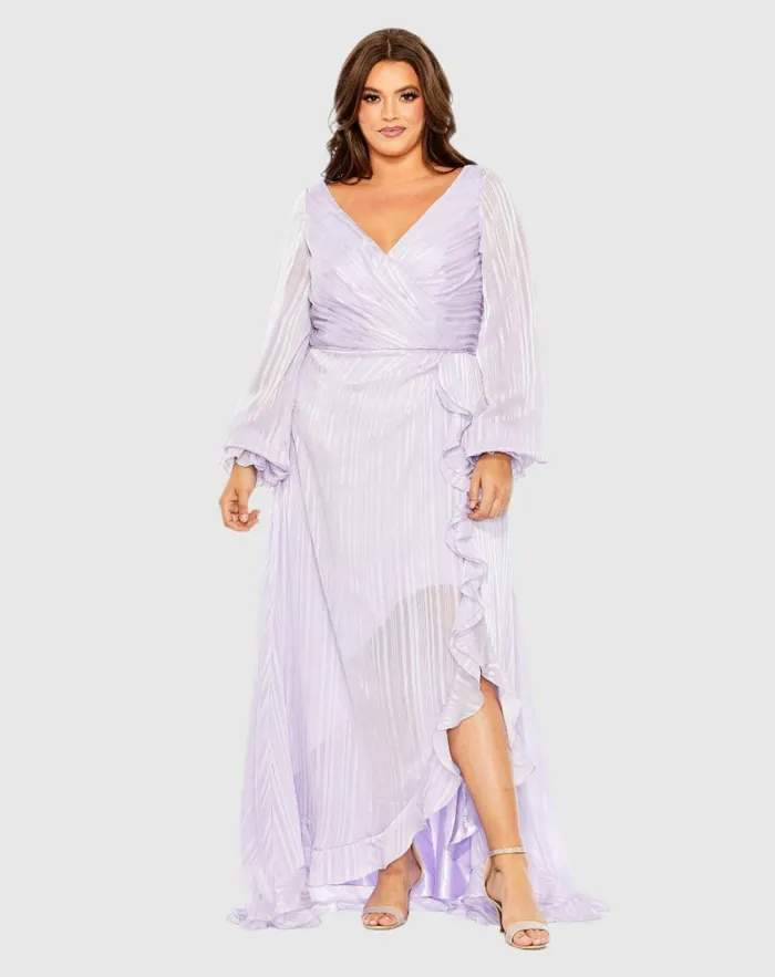 Mac Duggal Plus Size Dresses Women Striped Faux Wrap Bishop Sleeve Gown Burgundy