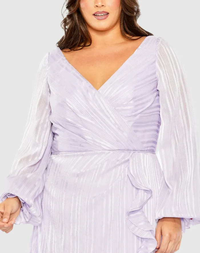 Mac Duggal Plus Size Dresses Women Striped Faux Wrap Bishop Sleeve Gown Burgundy
