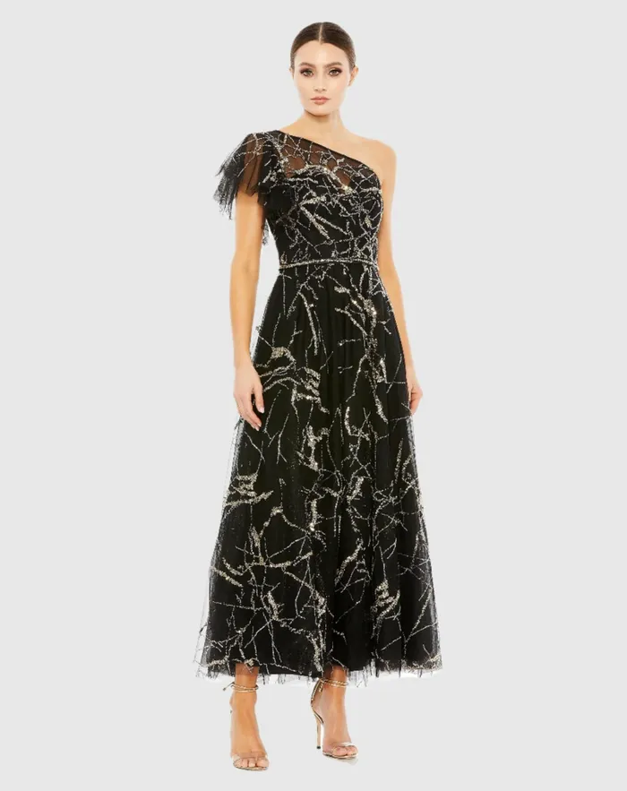 Mac Duggal Two Tone One Shoulder A Line Dress Black Women Cocktail Dresses