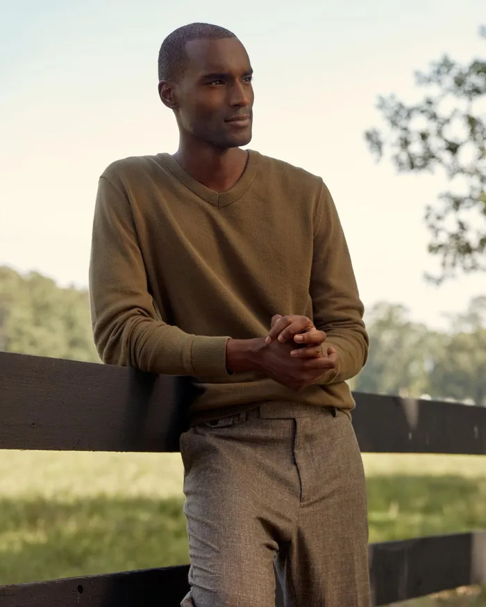 Men American V Neck Sweater Olive Billy Reid Sweaters and Sweatshirts