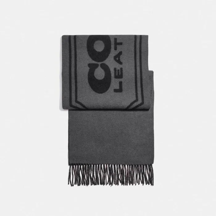 Men Cashmere Scarf With Coach Badge Greyblack Coach Hats Scarves and Gloves