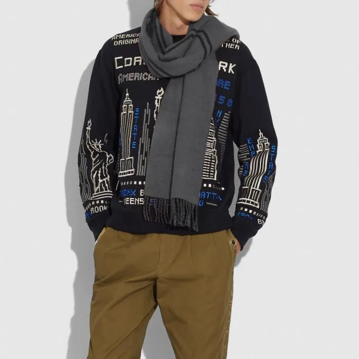 Men Cashmere Scarf With Coach Badge Greyblack Coach Hats Scarves and Gloves