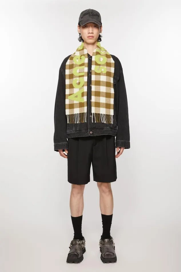Men Check Logo Scarf 8211 Narrow Khakigreen Acne Studios Scarves