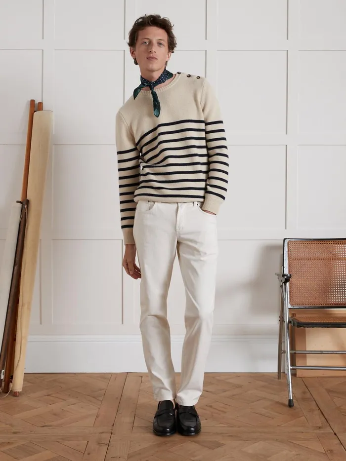 Men Clothing Cyrillus Blended Wool SailorStripe Sweater Rayure Bico Bleu