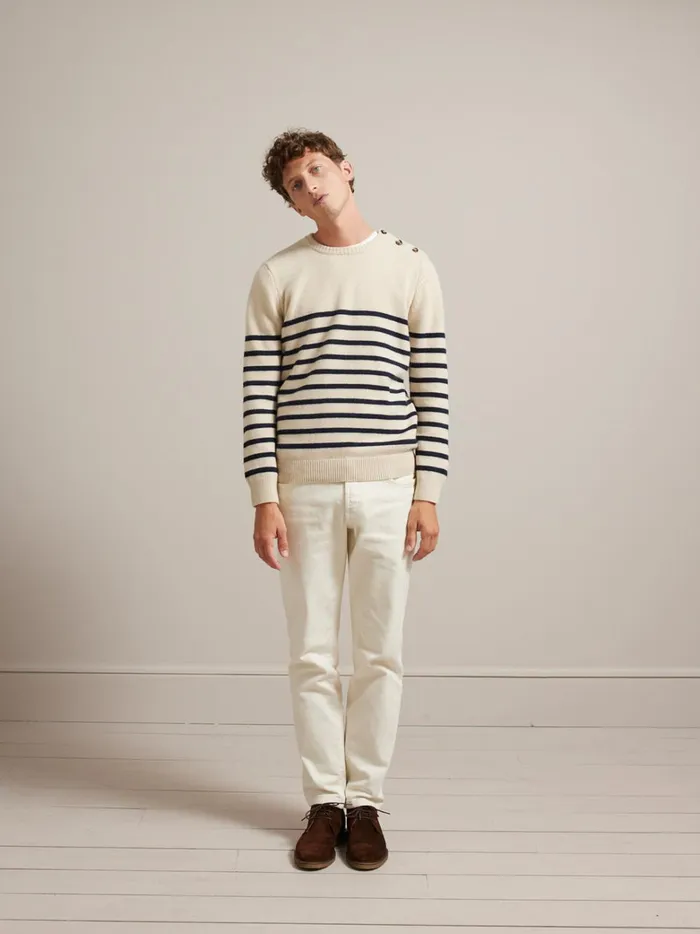 Men Clothing Cyrillus Blended Wool SailorStripe Sweater Rayure Bico Bleu