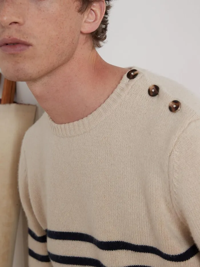 Men Clothing Cyrillus Blended Wool SailorStripe Sweater Rayure Bico Bleu
