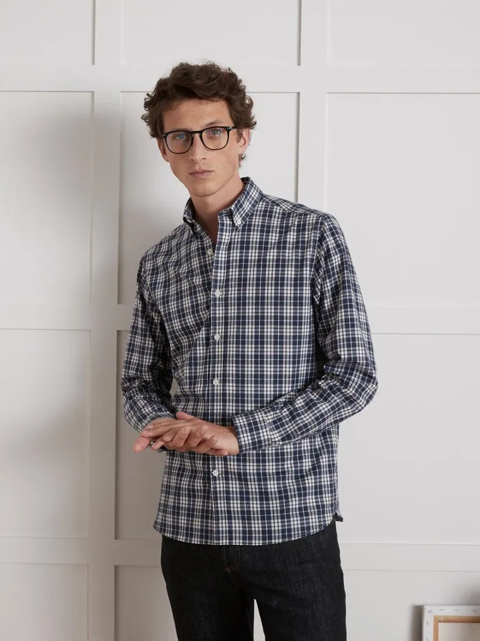Men Clothing Cyrillus Regular Fit Check Shirt Carreaux Bleu Denim