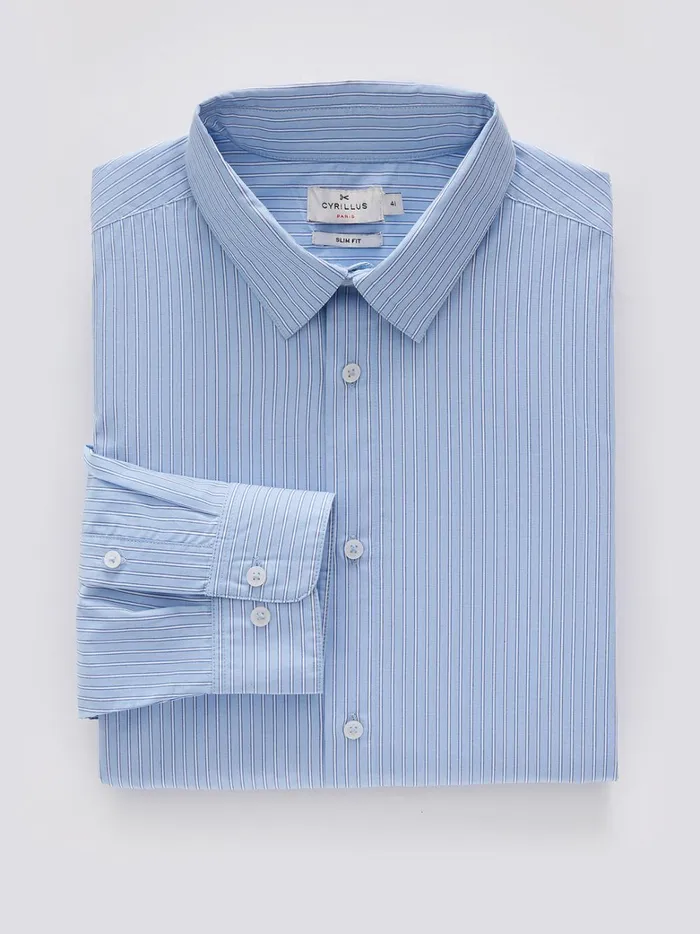 Men Clothing Cyrillus TwoColor Stripe Slim Fit Shirt Rayure Bleuecru
