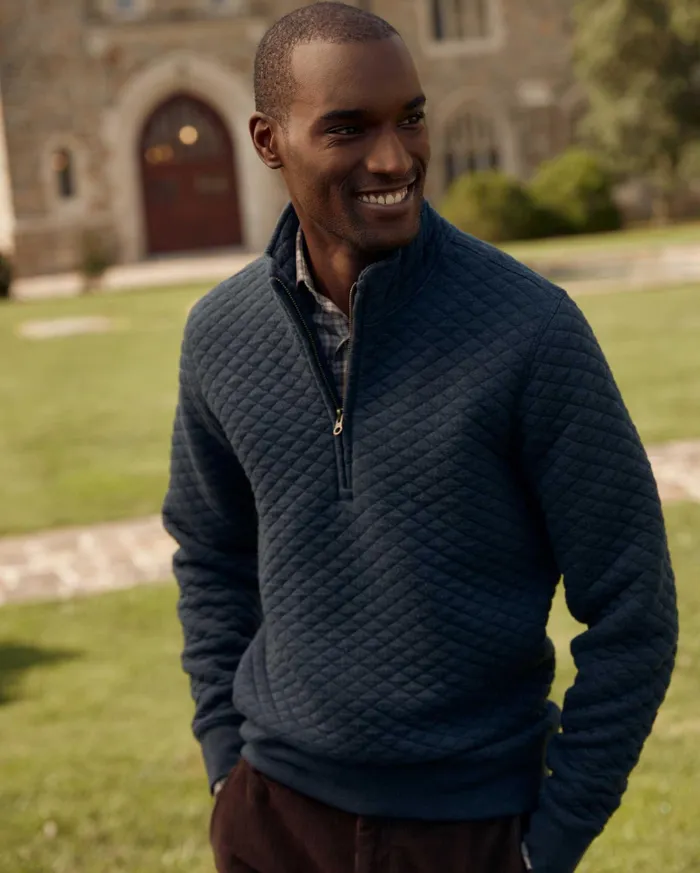 Men Diamond Quilt Half Zip Carbon Blue Billy Reid Sweaters and Sweatshirts