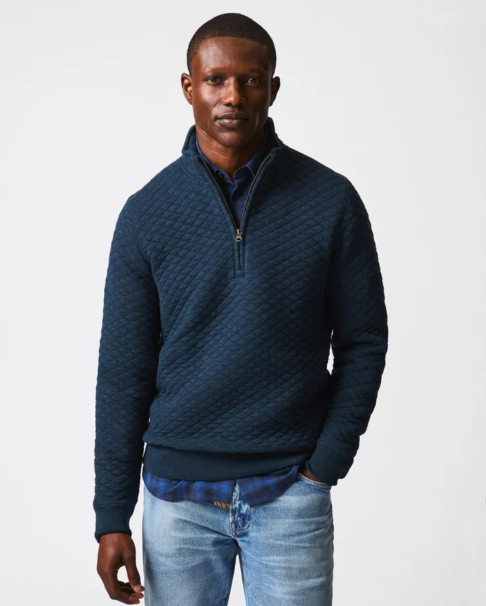 Men Diamond Quilt Half Zip Carbon Blue Billy Reid Sweaters and Sweatshirts