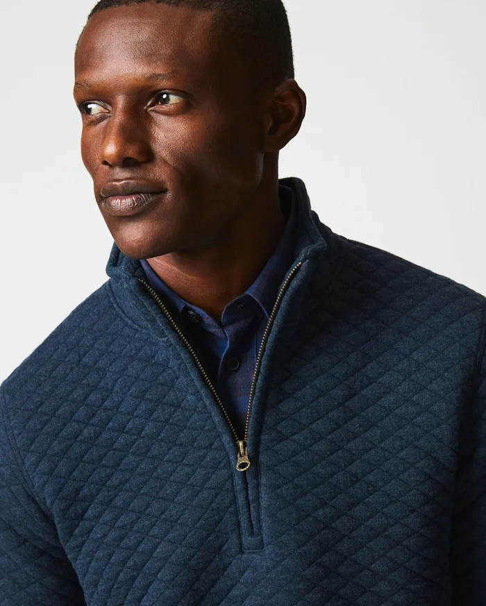Men Diamond Quilt Half Zip Carbon Blue Billy Reid Sweaters and Sweatshirts