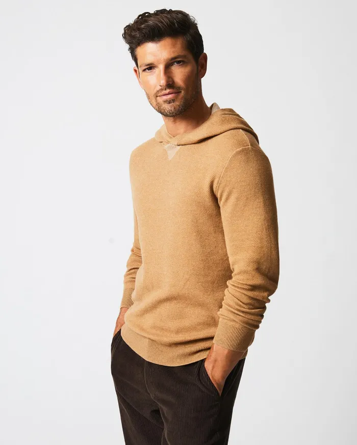 Men Double Knit Hoodie Sweater Camel Billy Reid Sweaters and Sweatshirts
