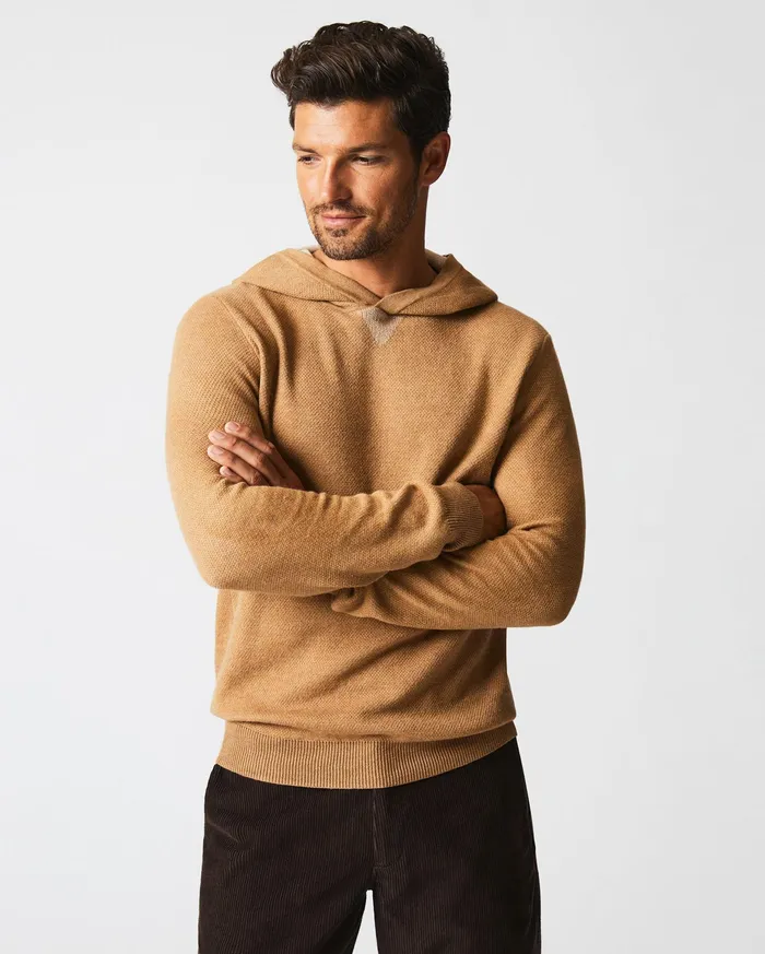 Men Double Knit Hoodie Sweater Camel Billy Reid Sweaters and Sweatshirts