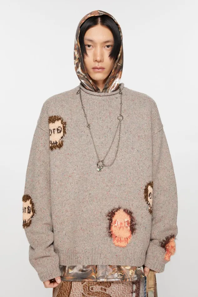 Men Jacquard Skull Jumper Grey Melangemulti Acne Studios Knitwear