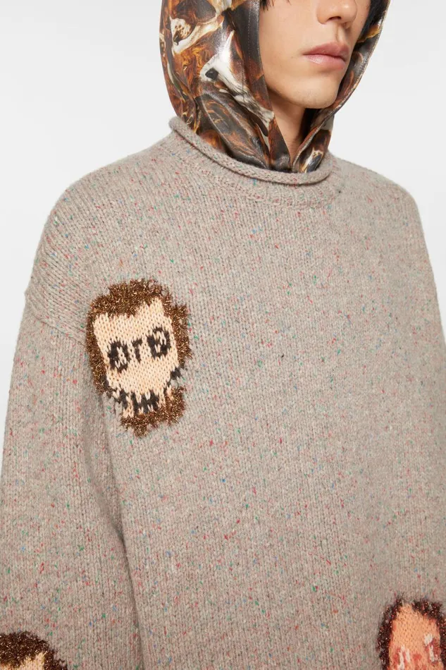 Men Jacquard Skull Jumper Grey Melangemulti Acne Studios Knitwear