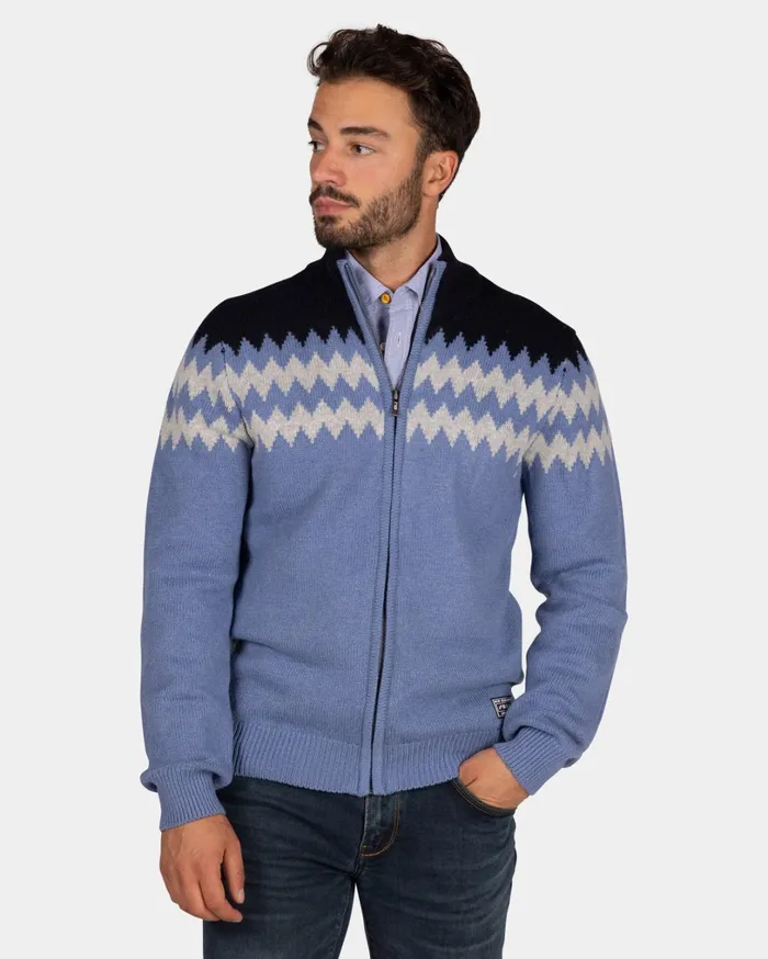 Men Knitwear NZA New Zealand Auckland Blue Wool Cardigan With White Pattern 8211 Mineral Blue Men Knitwear NZA New Zealand Auckland Blue Wool Cardigan With White Pattern 8211 Mineral Blue
